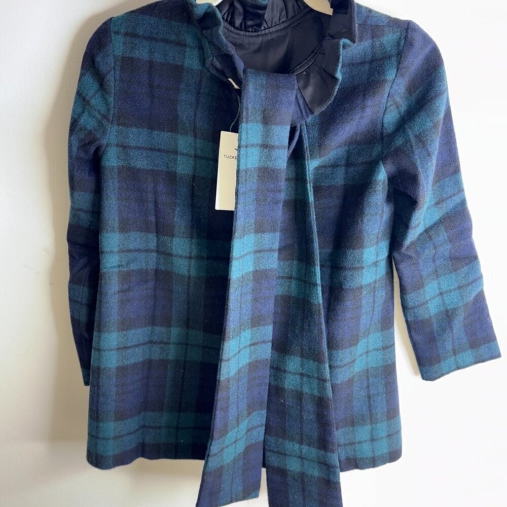 NEW NWT Tuckernuck Blackwatch Faye Blouse Green Navy Plaid Ruffle Tie Prep XS - Picture 7 of 14